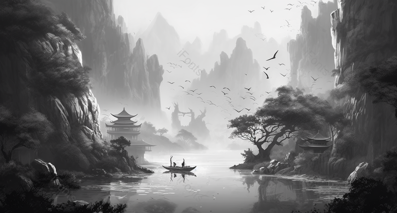 高峻挺拔瑰丽新中式水墨意境山水画,插画/手绘图,插画/手绘图库,插画/手绘图下载,插画/手绘